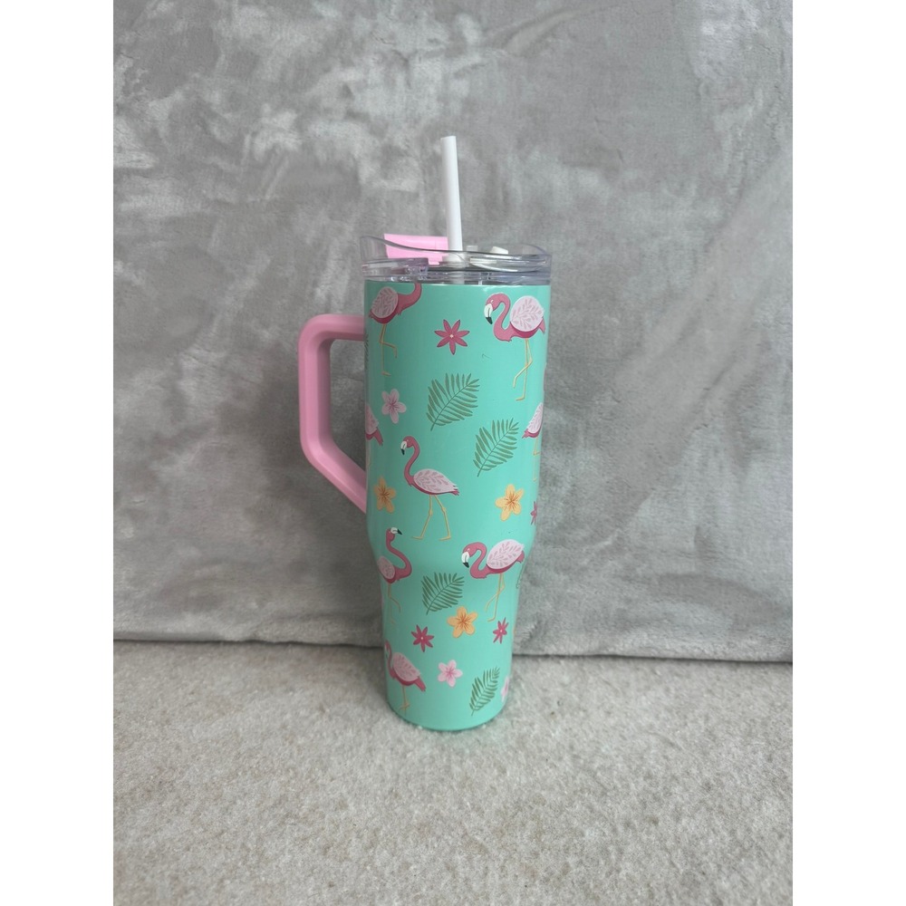 Hobby Lobby Tumbler Cup Flamingo Tropical Print Handle Straw‎ Lid Aqua Pink